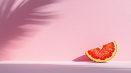 A slice of grapefruit on a pink background with leaf shadows.の素材