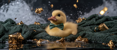 Cute yellow duckling wearing a bowtie in a festive setting.の素材