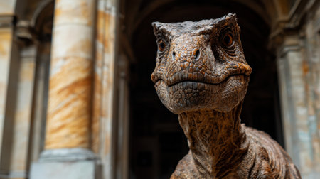 Close-up of a dinosaur statue in front of a building.の素材