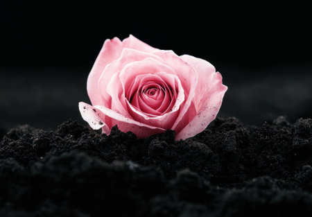 Pink rose growing in dark soil.の素材