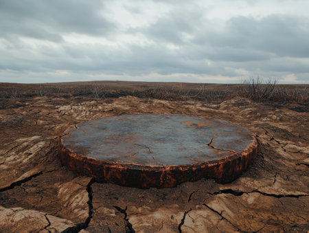 Cracked earth and a weathered platform in a desolate landscape.の素材