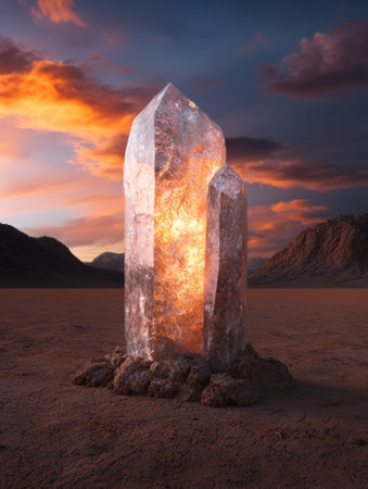 A large crystal formation in a desert landscape at sunset.の素材