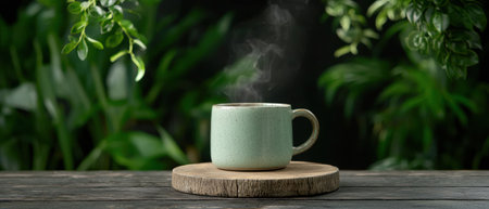 A light green mug with steam on a wooden table surrounded by green plants.の素材