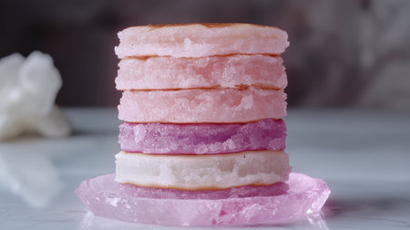 Stack of colorful pancakes on a plate.の素材