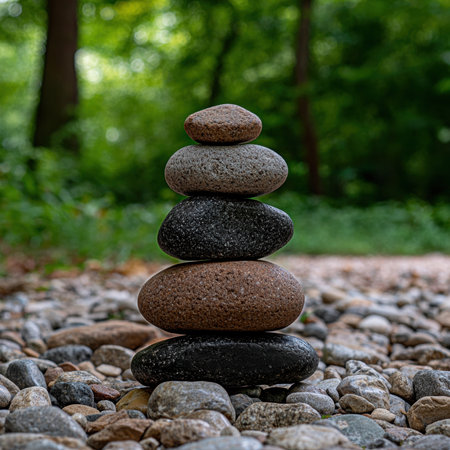 Zen stones stacked on a riverbed in a forest.の素材