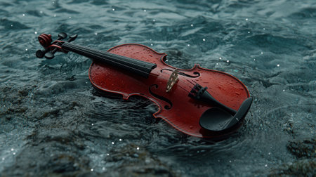 Violin floating on water, a surreal artistic concept.の素材