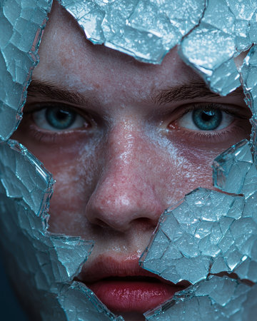 Close-up of a person's face framed by shattered glass.の素材