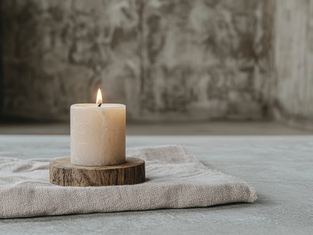 A lit candle on a wooden stand with a linen cloth.の素材