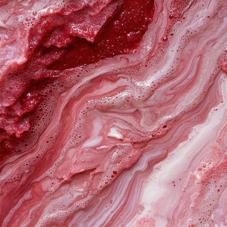 Abstract red and white swirl with bubbles.の素材