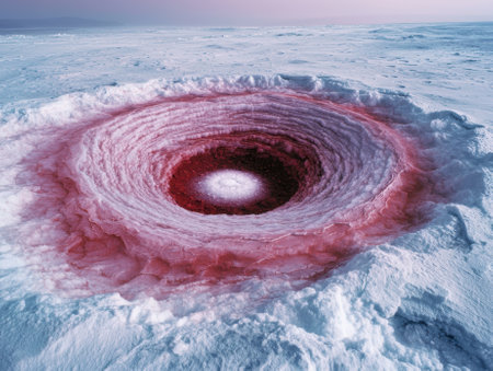 Surreal landscape of a large hole in the ice with red and white layers.の素材