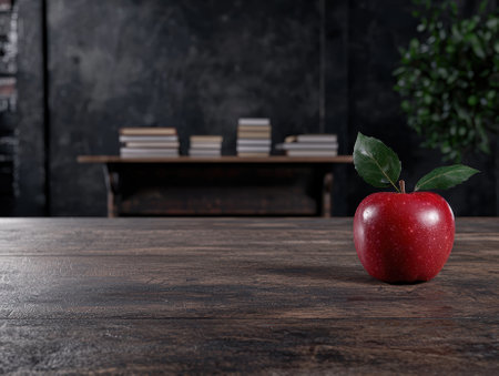 A shiny red apple with leaves on a wooden table.の素材