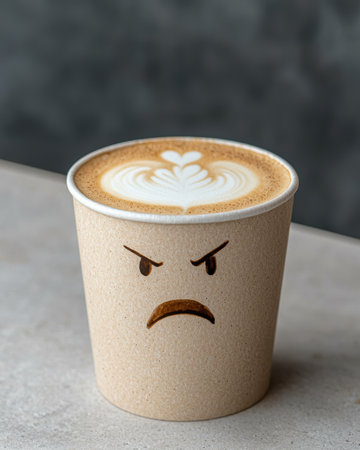 Angry coffee cup with latte art.の素材