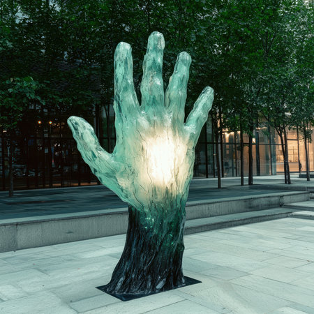 A large translucent hand sculpture in an urban setting.の素材
