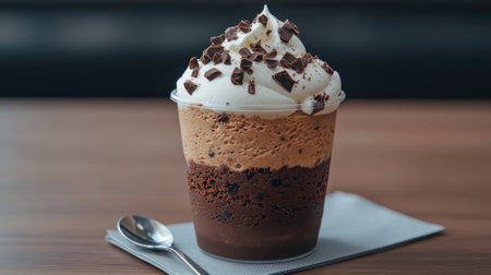 Delicious chocolate parfait with whipped cream and chocolate shavings.の素材