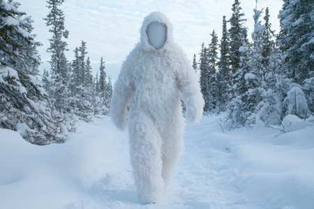A furry white figure walks through a snowy forest.の素材