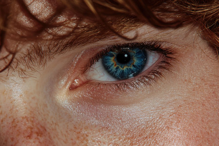 Close up of a human eye with blue iris.の素材