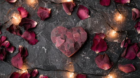 Heart made of rose petals surrounded by loose petals and fairy lights.の素材
