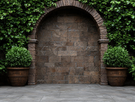 Stone archway with ivy and potted plants in a garden.の素材