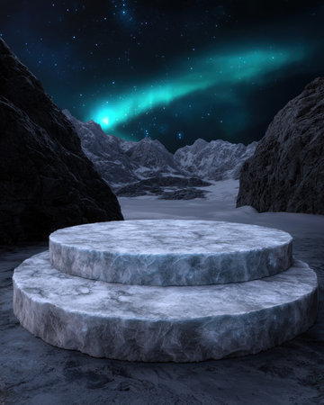 A stone pedestal in a snowy mountain landscape under the aurora borealis.の素材
