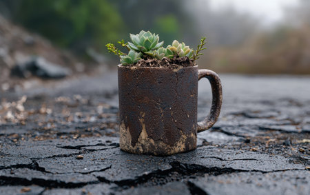Succulent plants in a rustic mug on cracked ground.の素材