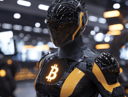 Futuristic robot with bitcoin symbol on chest.の素材