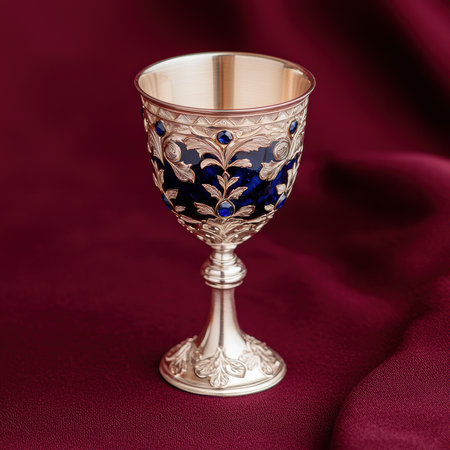 An ornate silver goblet with blue gemstones on a red background.の素材