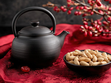 A black teapot and peanuts on a red cloth.の素材