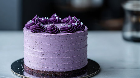 A beautiful purple frosted cake with decorative frosting.の素材