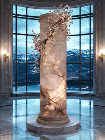Illuminated marble column with floral decorations in a grand hall.の素材