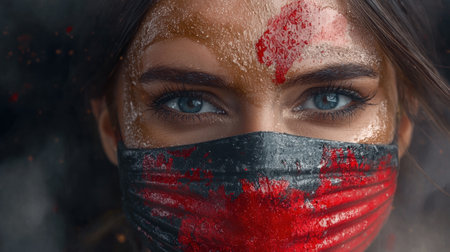 Close-up of a woman's face with war paint and a mask.の素材