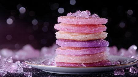 Stack of colorful pancakes with sugar crystals on a plate.の素材