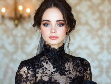 Portrait of a beautiful woman with green eyes wearing a black lace dress.の素材