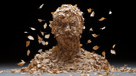 A human figure covered in autumn leaves with leaves falling around it.の素材