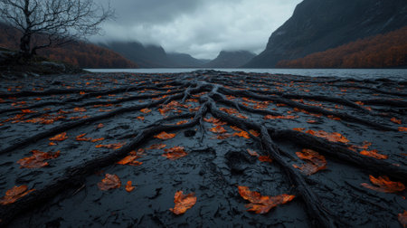 Moody autumn landscape with exposed tree roots and fallen leaves on a lake shore.の素材