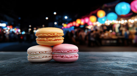 Stack of colorful macarons on a dark surface with a blurred background of a night market.の素材