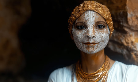 Woman with white face paint and gold jewelry.の素材