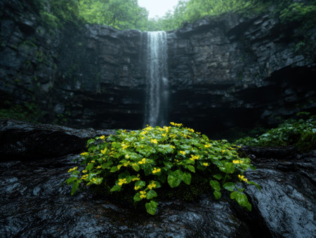 Lush yellow flowers on a rock near a waterfall.の素材