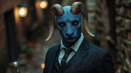 A blue humanoid creature with ram horns wearing a suit.の素材