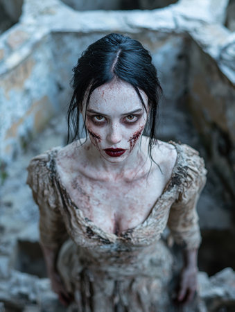 A woman with zombie makeup stares intensely at the camera.の素材