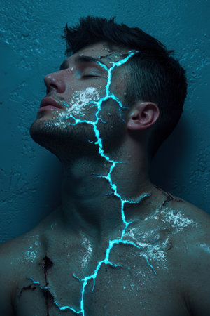 Man with glowing cracks on his skin, a surreal portrait.の素材