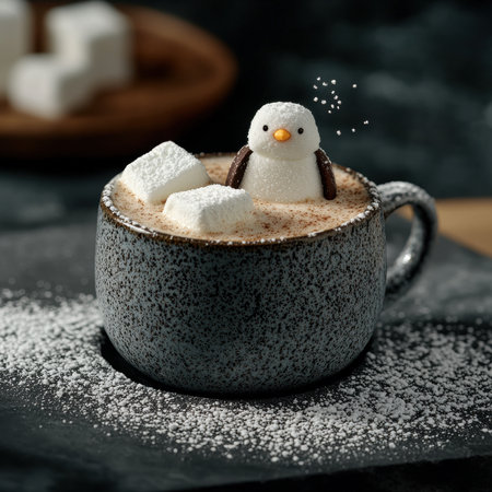A whimsical penguin marshmallow floating in a mug of hot chocolate with marshmallows.の素材