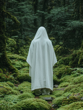 Person in white robe standing in a mossy forest.の素材