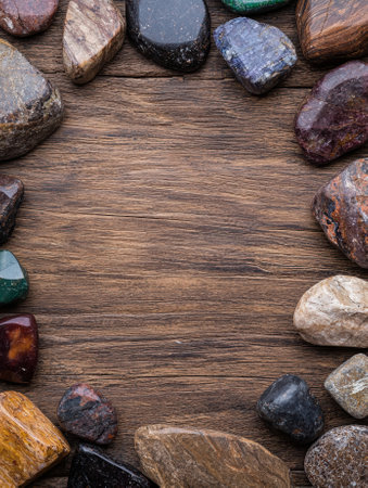 Polished stones frame a wooden background.の素材