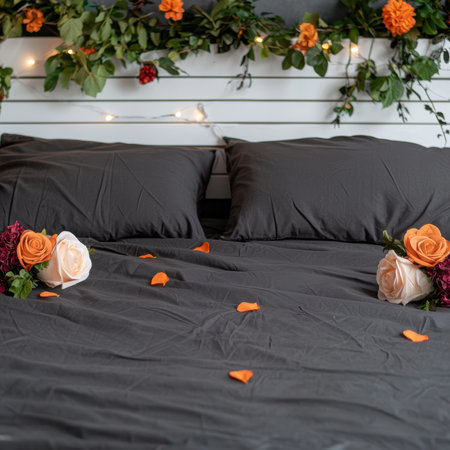 Romantic bedroom setup with flowers and petals on a dark gray bed.の素材