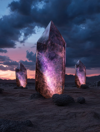 Mystical crystals glowing in a surreal landscape at dusk.の素材