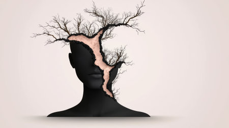 Surreal conceptual image of a black human head with tree branches growing from a crack in the head.の素材