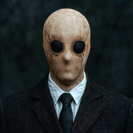 A creepy figure in a suit with a burlap sack mask.の素材