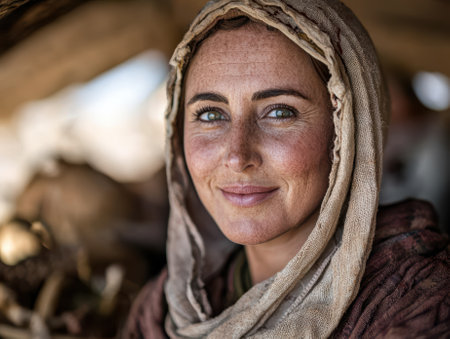 A woman with freckles wearing a headscarf smiles gently.の素材
