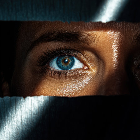 Close up of a blue eye looking through a gap.の素材
