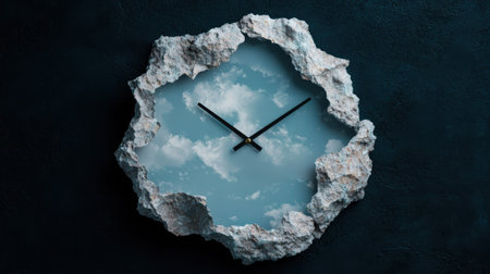 A unique clock with a sky background set in a stone frame.の素材